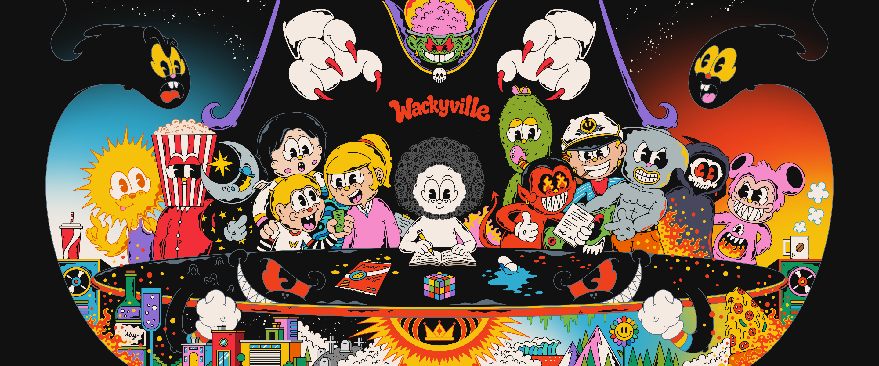 The citizens of Wackyville gathered around a long table